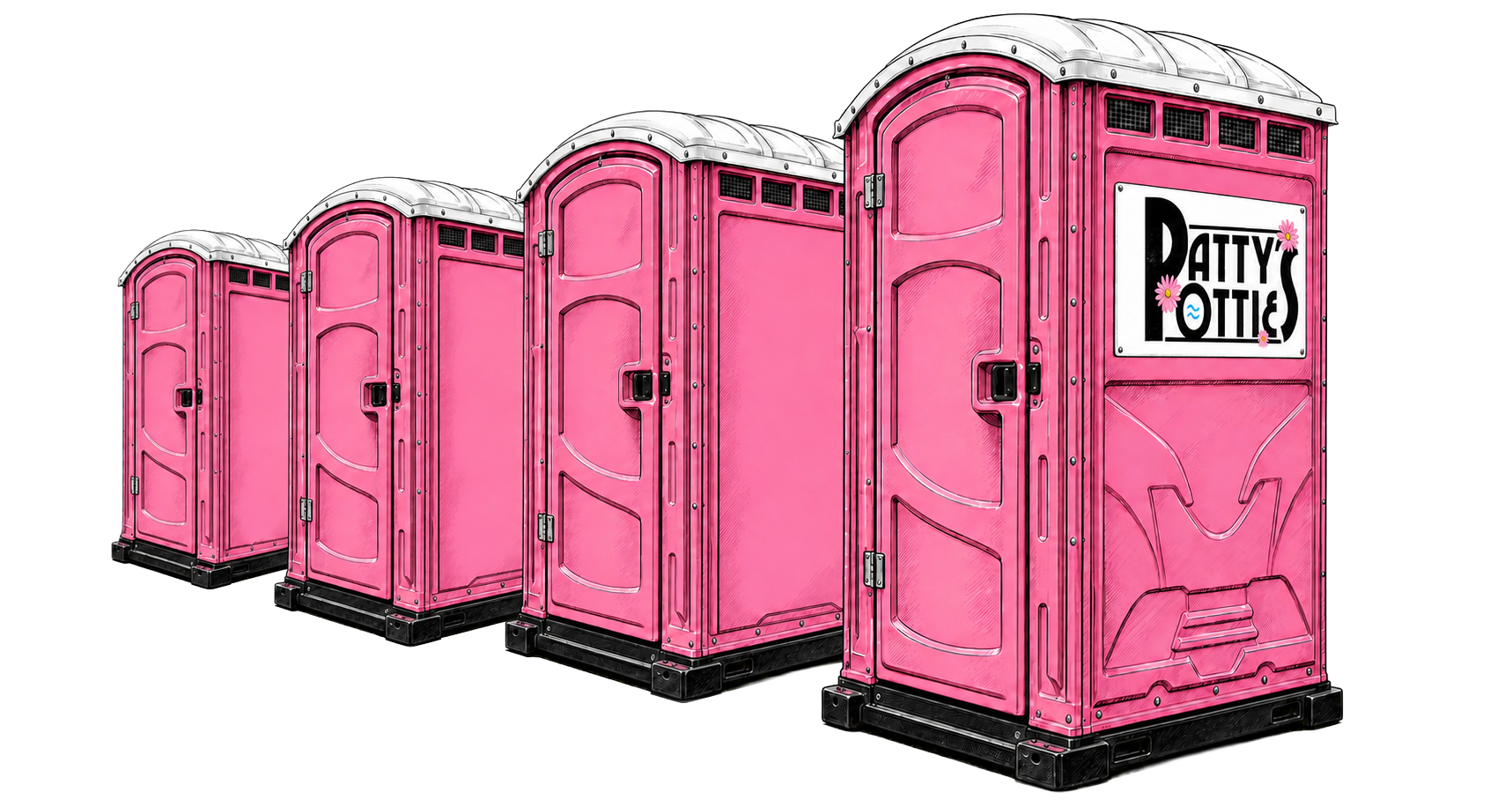 Graphic of four bright pink portable toilets lined up, one labeled &ldquo;Potties.&rdquo;
