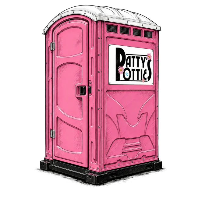 Pink portable toilet with a &ldquo;Party Potty&rdquo; sign.