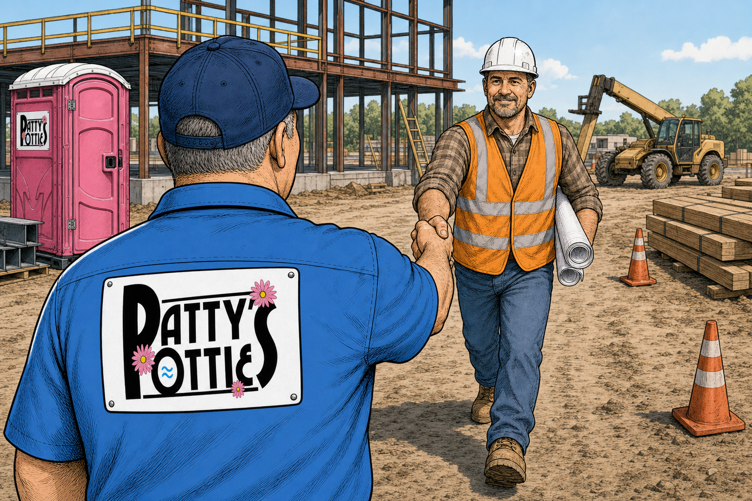 Illustration of a construction worker wearing a Patty&rsquo;s Potty shirt at a busy worksite.