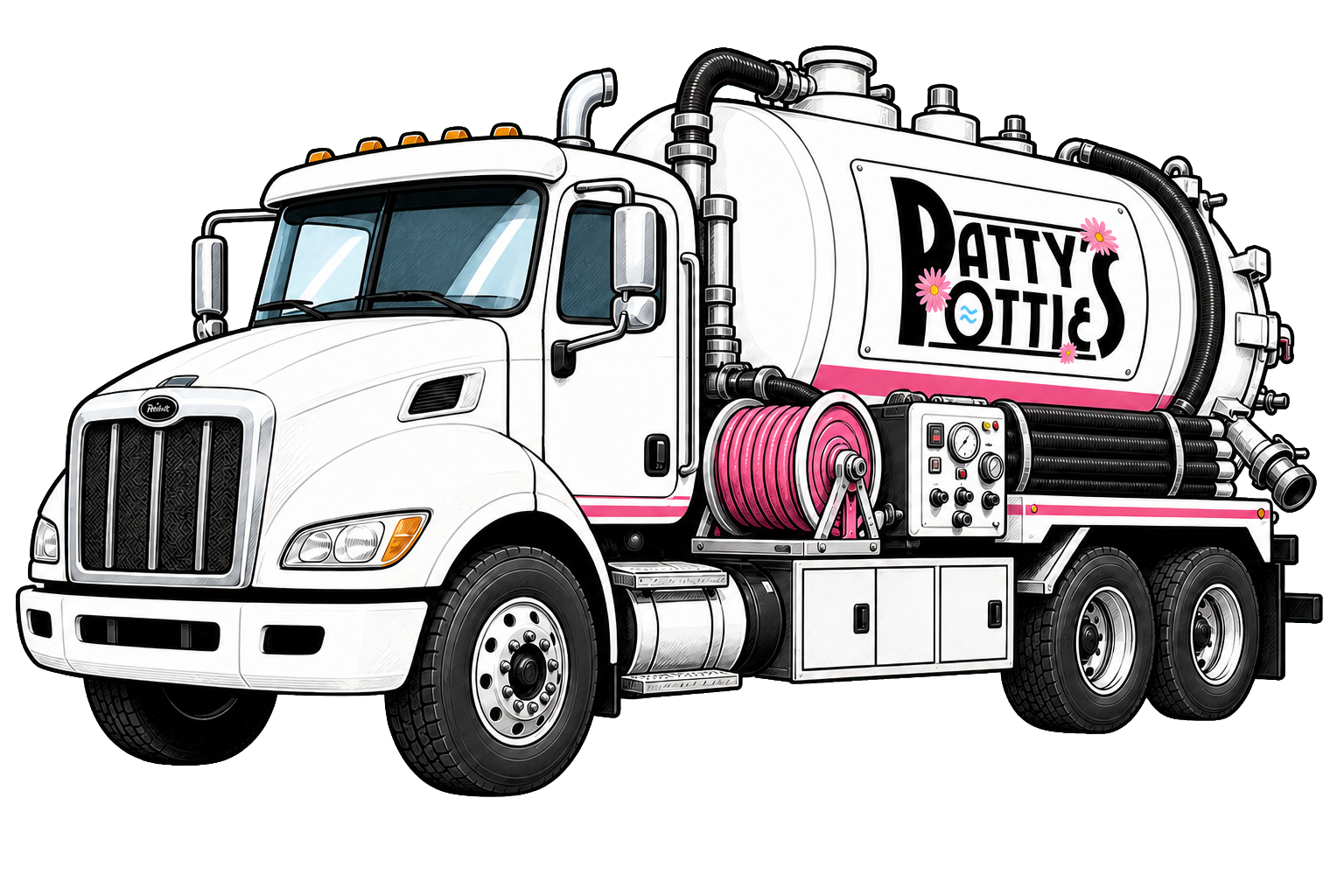 Illustrated white tanker truck with pink accents and &ldquo;Patty&rsquo;s&rdquo; logo.